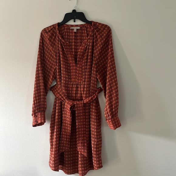 BANANA REPUBLIC Long Sleeve Belted Mini Dress Printed Rust Orange 14P - Picture 9 of 16